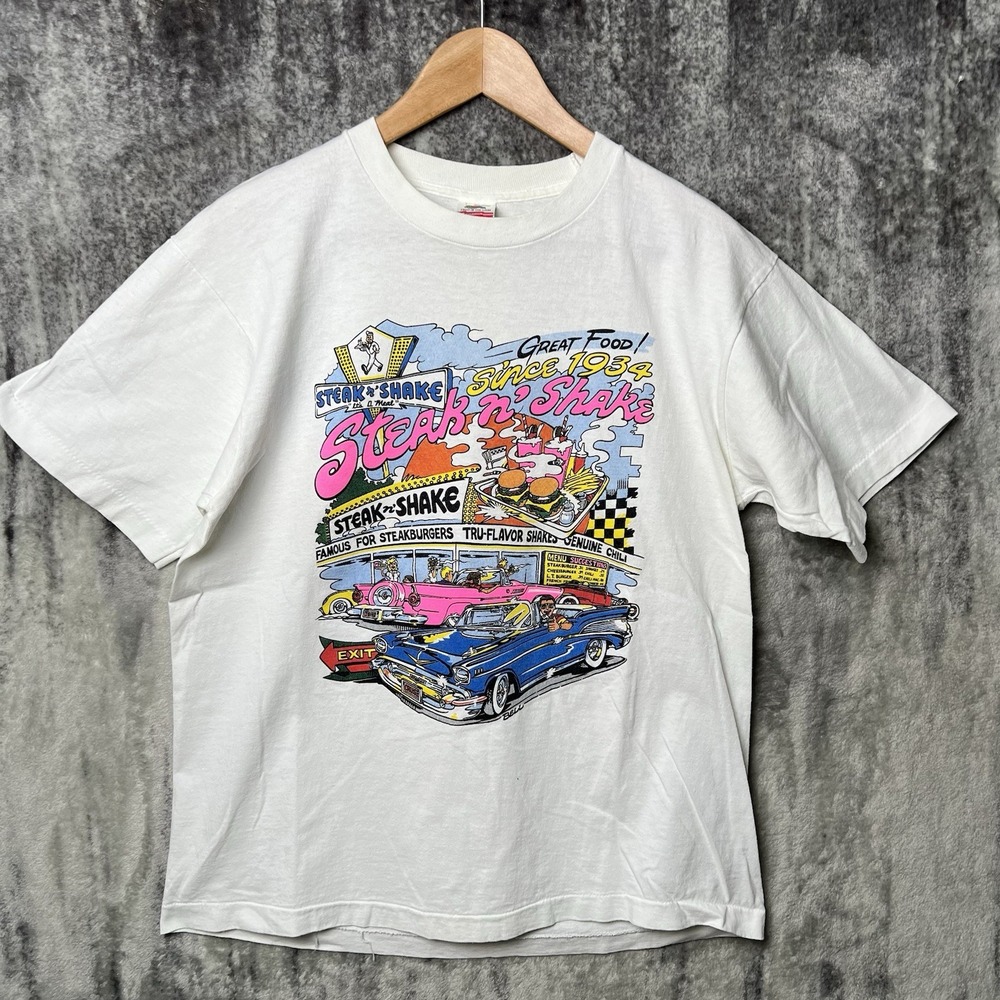 Vintage 90s Steak n Shake T Shirt L Fruit Loom USA Cars Graphic Single Stitch